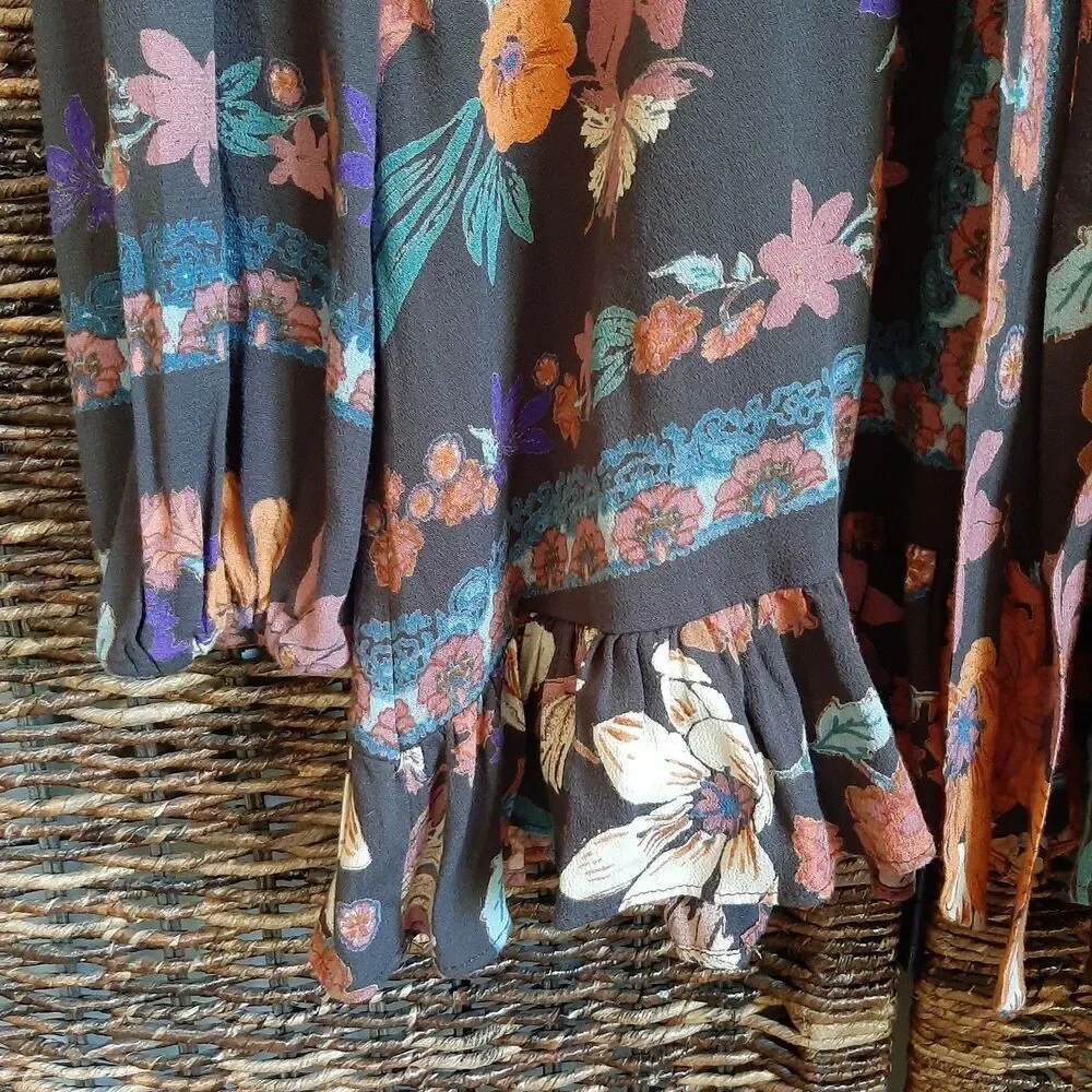Free People Violet Hill Floral Tunic Mini Dress Women's 2 Gray Babydoll Plunge